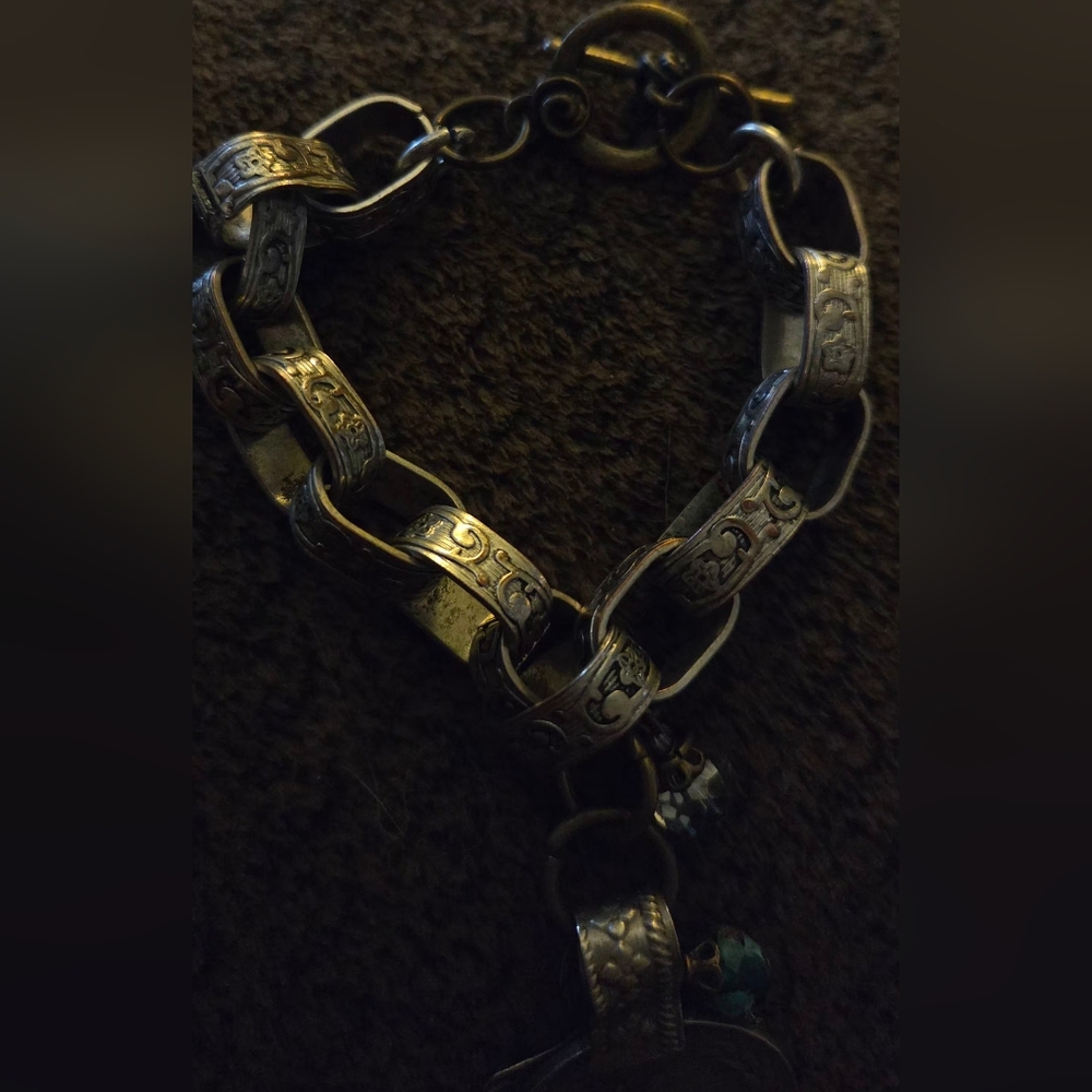 Bohemian Silver-Tone Engraved Pendant Bracelet with Teal Accent Bead - Picture 5 of 6